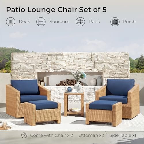 CHITA 5 Pieces Wicker Patio Furniture Set, Outdoor Conversation Set with 2 Pieces Rattan Swivel Chairs, 2 Pieces Ottomans, Thickened Cushions and Side Table