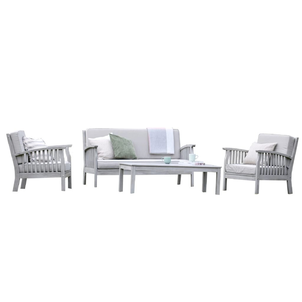 Gardenesque Patio Garden Furniture Set - Light Grey Wooden Garden Set - Repton Lounge - Outdoor Table & Chairs - Durable and Comfortable Design - With Cushions - Flat Pack Design - 4 Seater