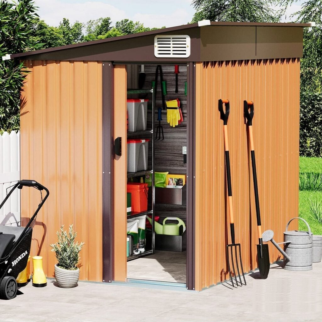 7' x 5' Outdoor Metal Storage Shed Garden Shed with Lockable Doors and Vents, Tools Shed Bike Shed Pet House for Backyard, Patio, Lawn, Brown