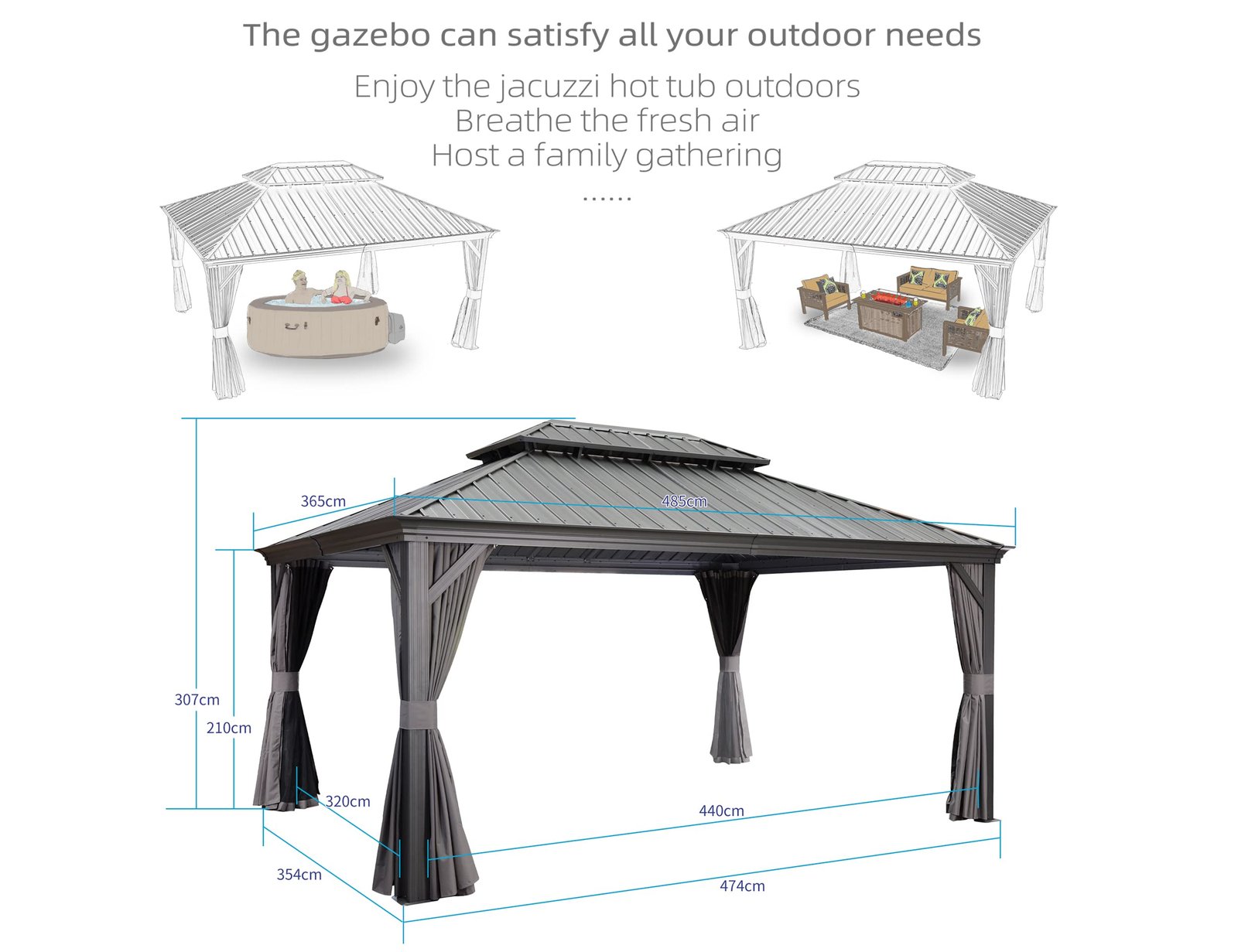 PURPLE LEAF Heavy Duty Garden Gazebo 3.65 x 4.85 m with Galvanised Steel Double Roof, Waterproof Metal Hardtop Gazebo with Side Curtain and Zipped Netting for All Weathers, Outdoor and Patio, Grey