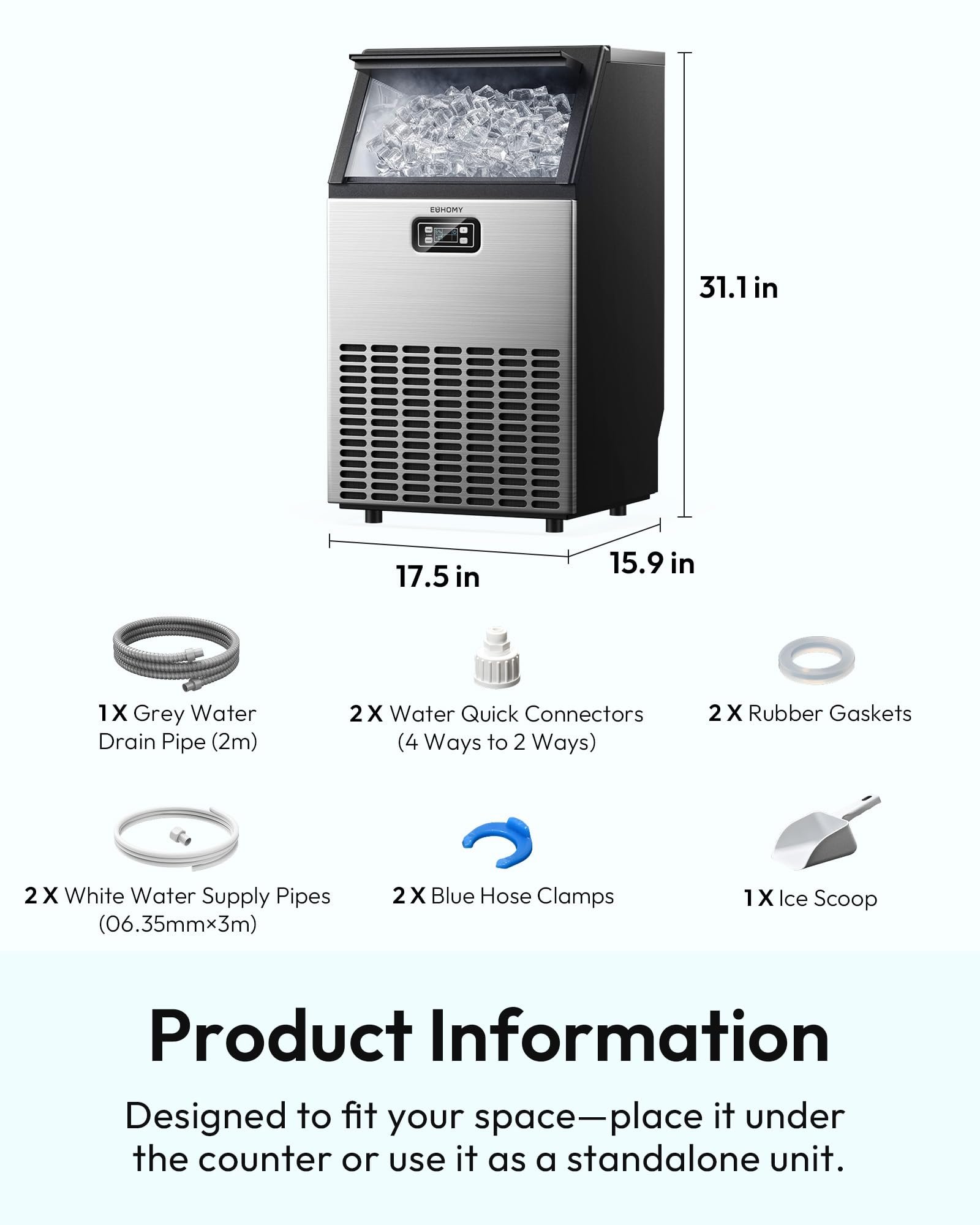 Commercial Ice Maker, 100 lbs/24H, 33 lbs Storage, Under Counter, Freestanding, Stainless Steel