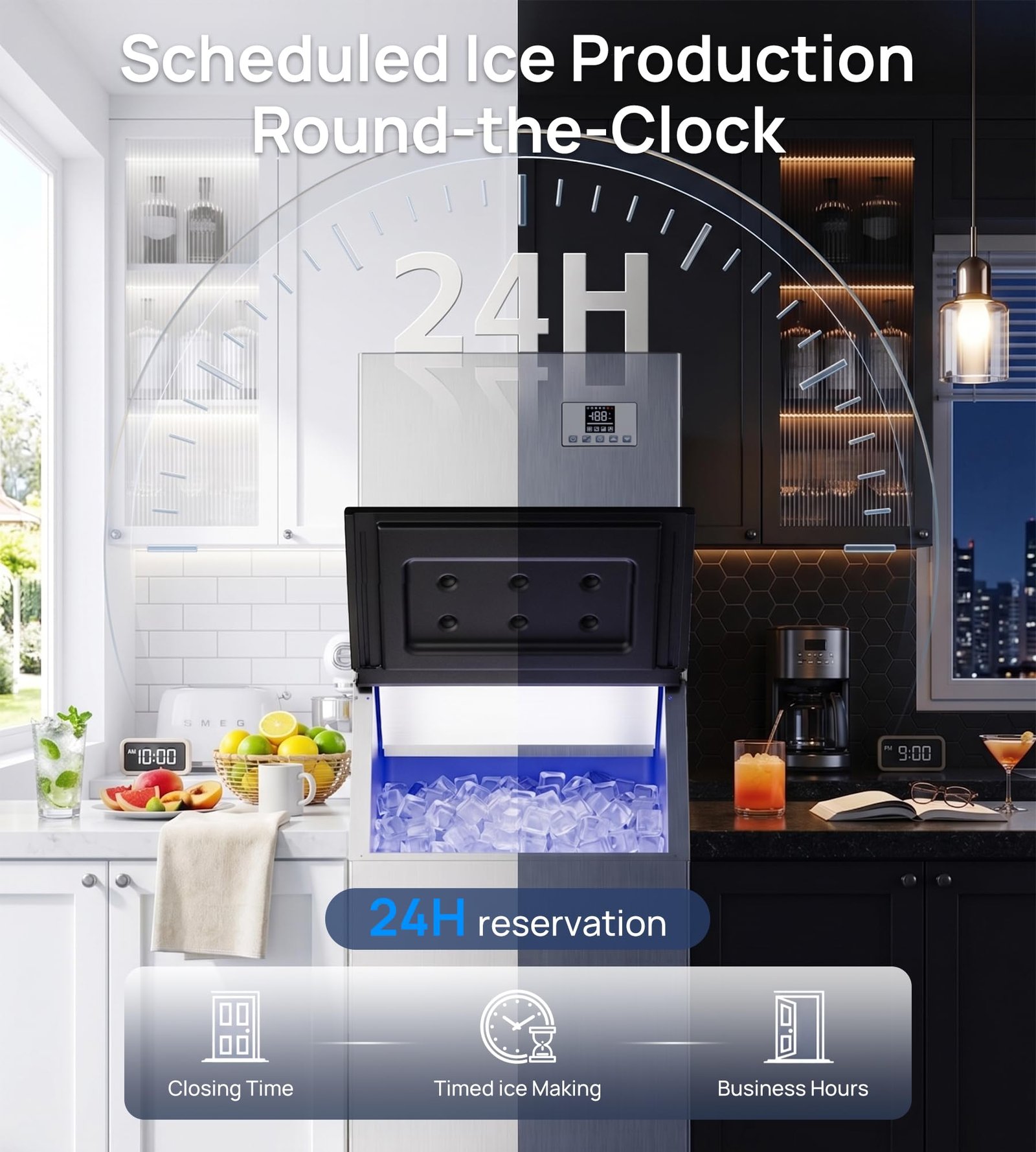 Commercial Ice Maker, 450 lbs/24H, 250 lbs Storage, Self-Cleaning, Ice Ready in 7โ15 Min, Stainless Steel