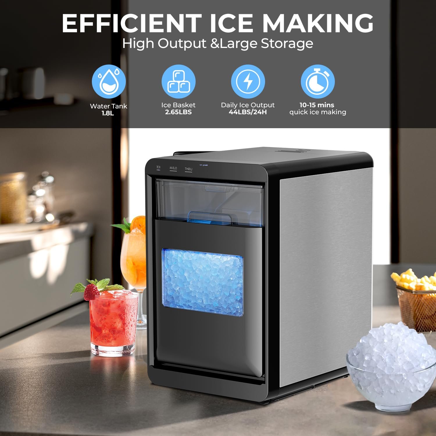 Nugget Ice Maker Countertop 44Lb/Day LED Display Machine