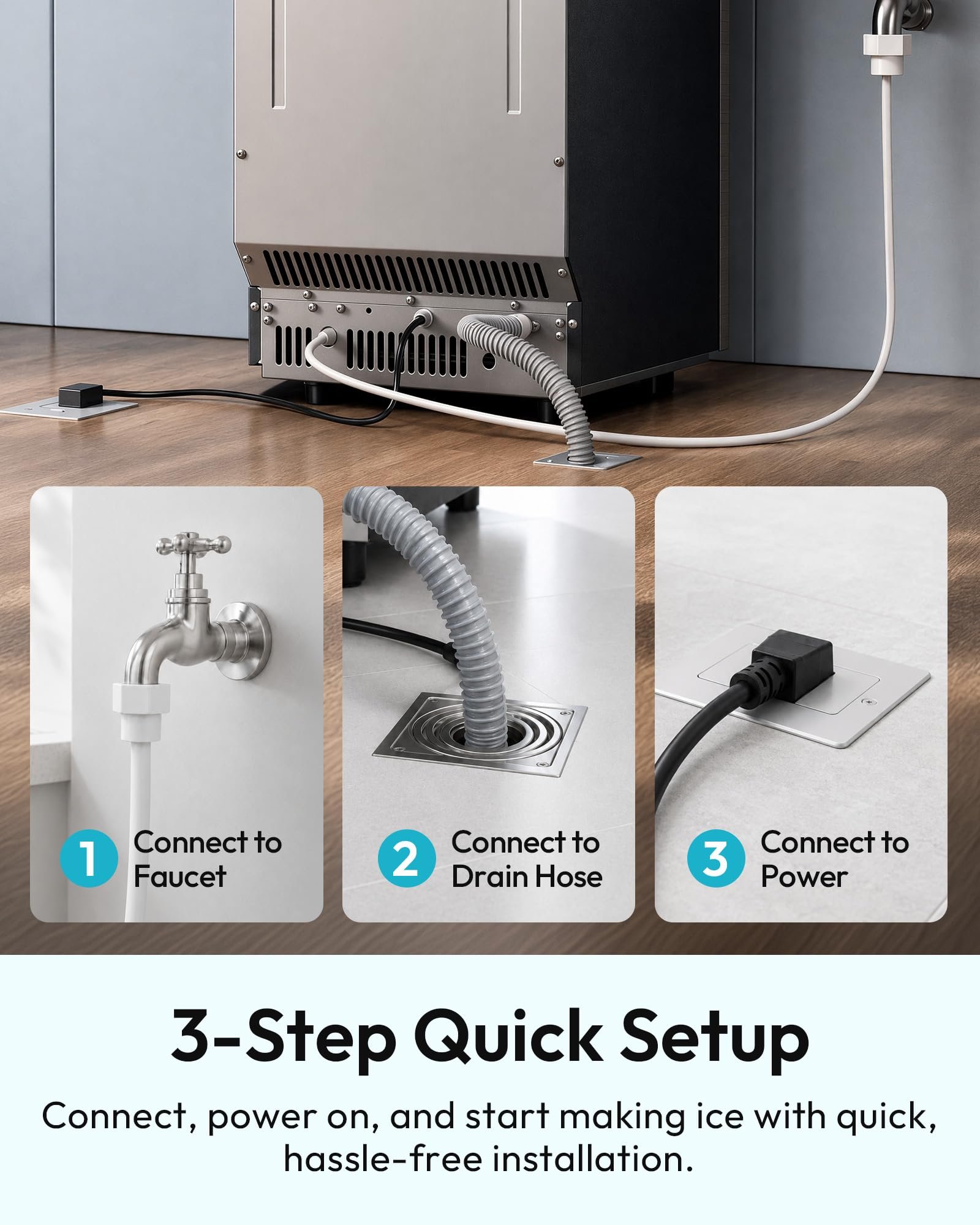 Commercial Ice Maker, 100 lbs/24H, 33 lbs Storage, Under Counter, Freestanding, Stainless Steel
