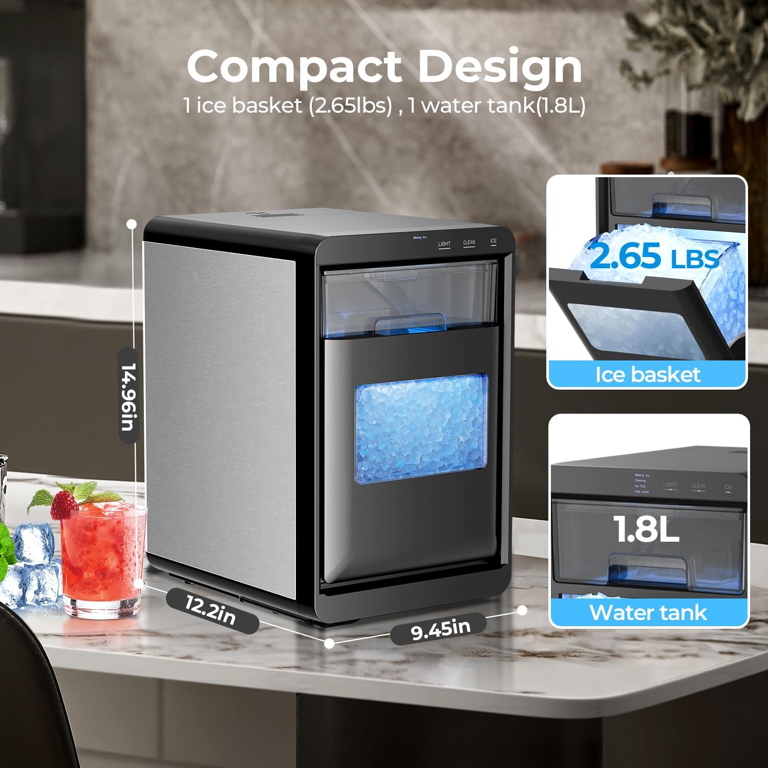 Nugget Ice Maker Countertop 44Lb/Day LED Display Machine