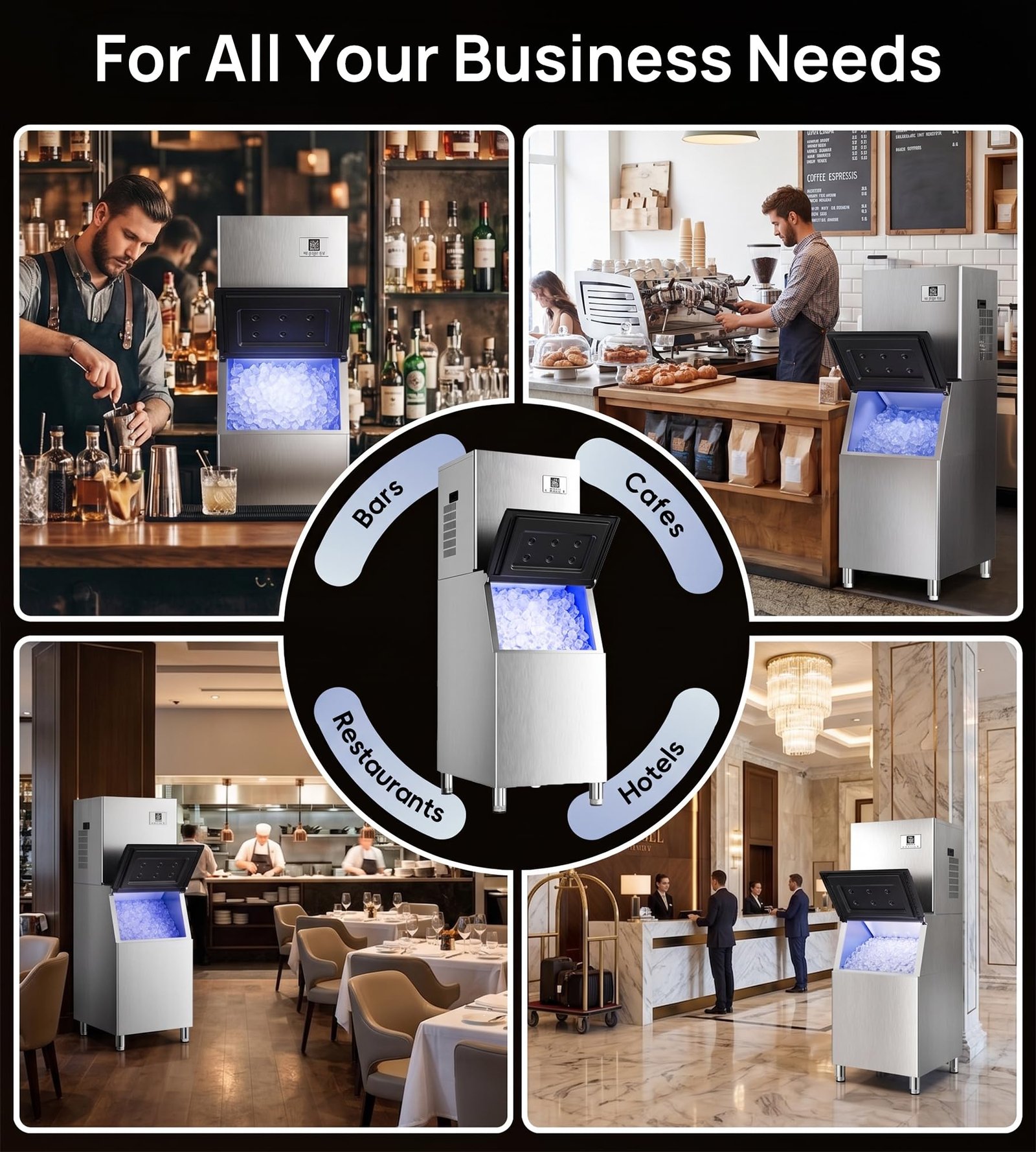 Commercial Ice Maker, 450 lbs/24H, 250 lbs Storage, Self-Cleaning, Ice Ready in 7โ15 Min, Stainless Steel