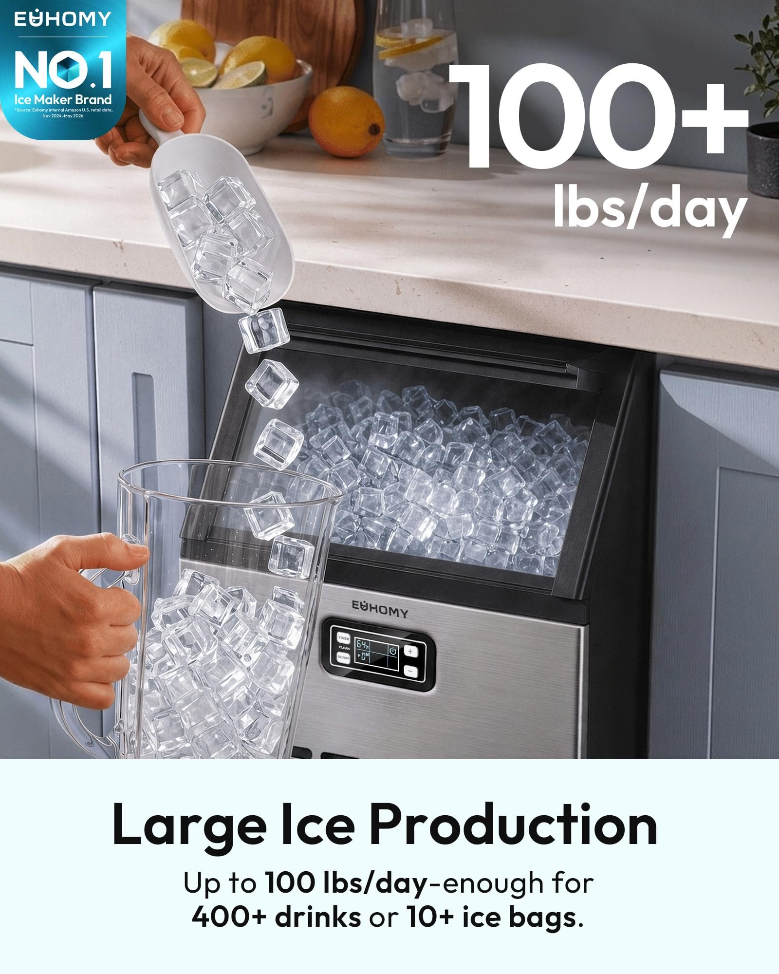 Commercial Ice Maker, 100 lbs/24H, 33 lbs Storage, Under Counter, Freestanding, Stainless Steel
