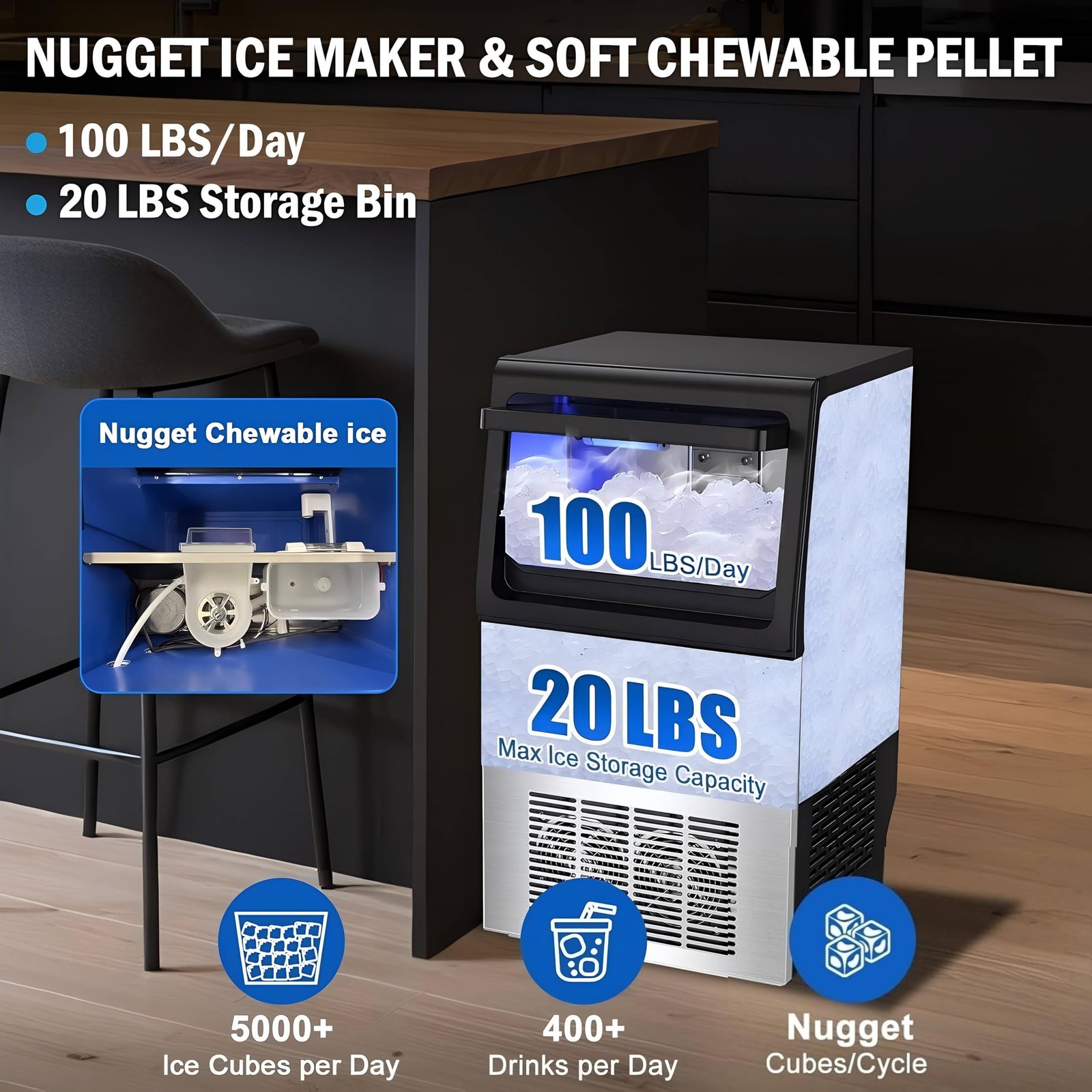 100 lbs Nugget Ice Maker Under Counter Self-Clean Compact Freestanding