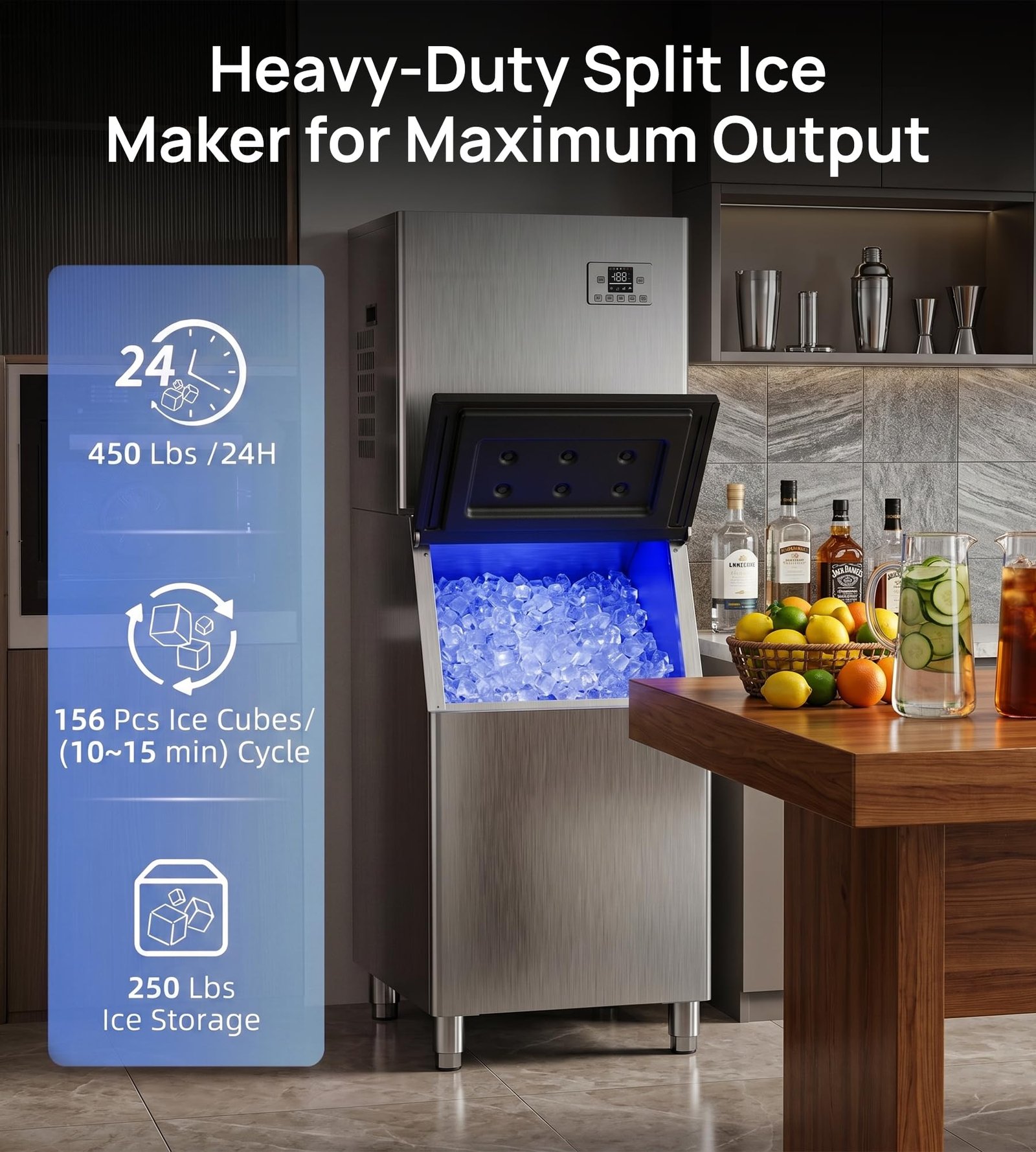 Commercial Ice Maker, 450 lbs/24H, 250 lbs Storage, Self-Cleaning, Ice Ready in 7โ15 Min, Stainless Steel