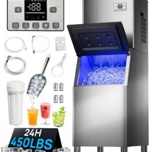 Commercial Ice Maker, 450 lbs/24H, 250 lbs Storage, Self-Cleaning, Ice Ready in 7–15 Min, Stainless Steel