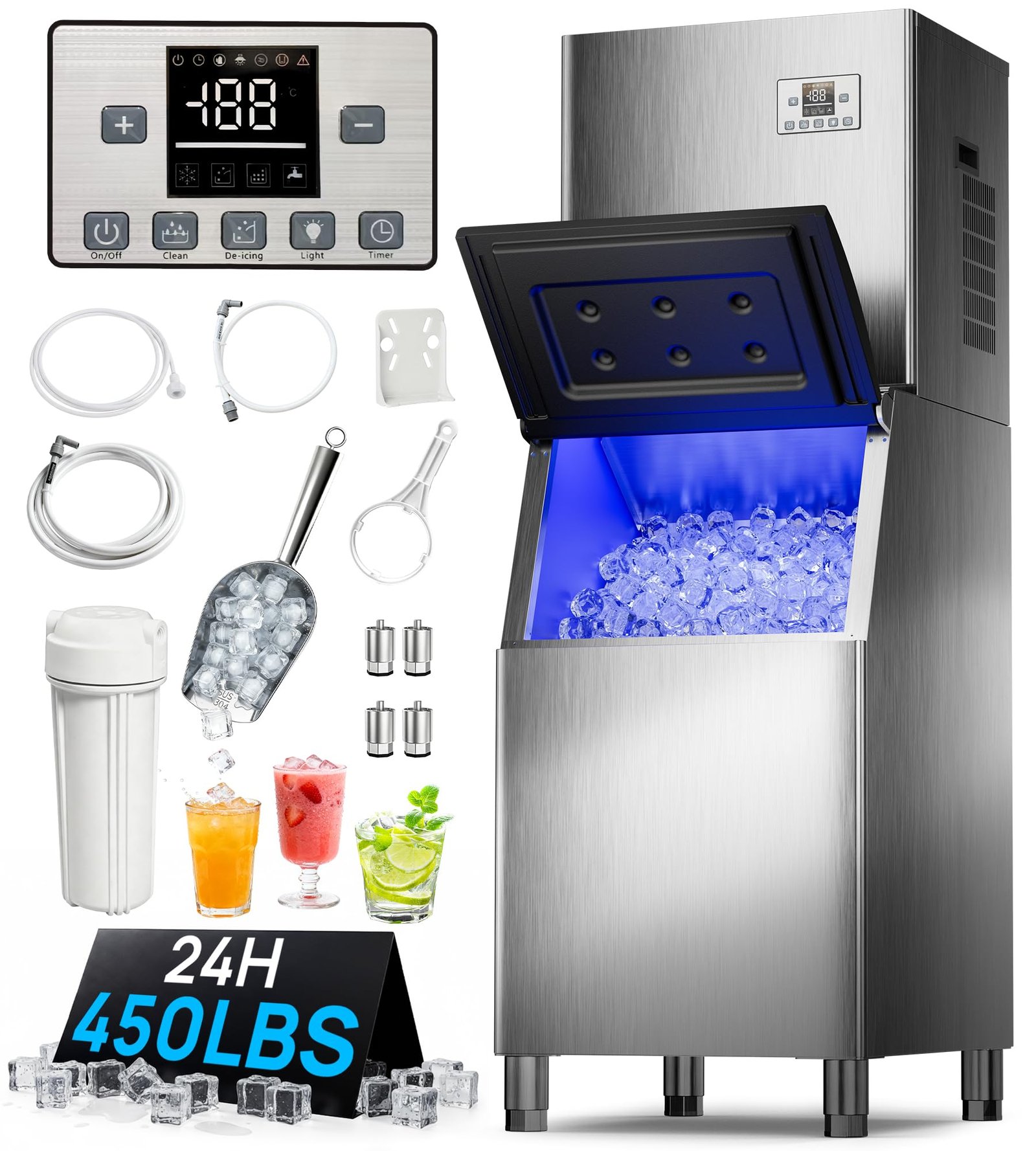 Commercial Ice Maker, 450 lbs/24H, 250 lbs Storage, Self-Cleaning, Ice Ready in 7โ15 Min, Stainless Steel