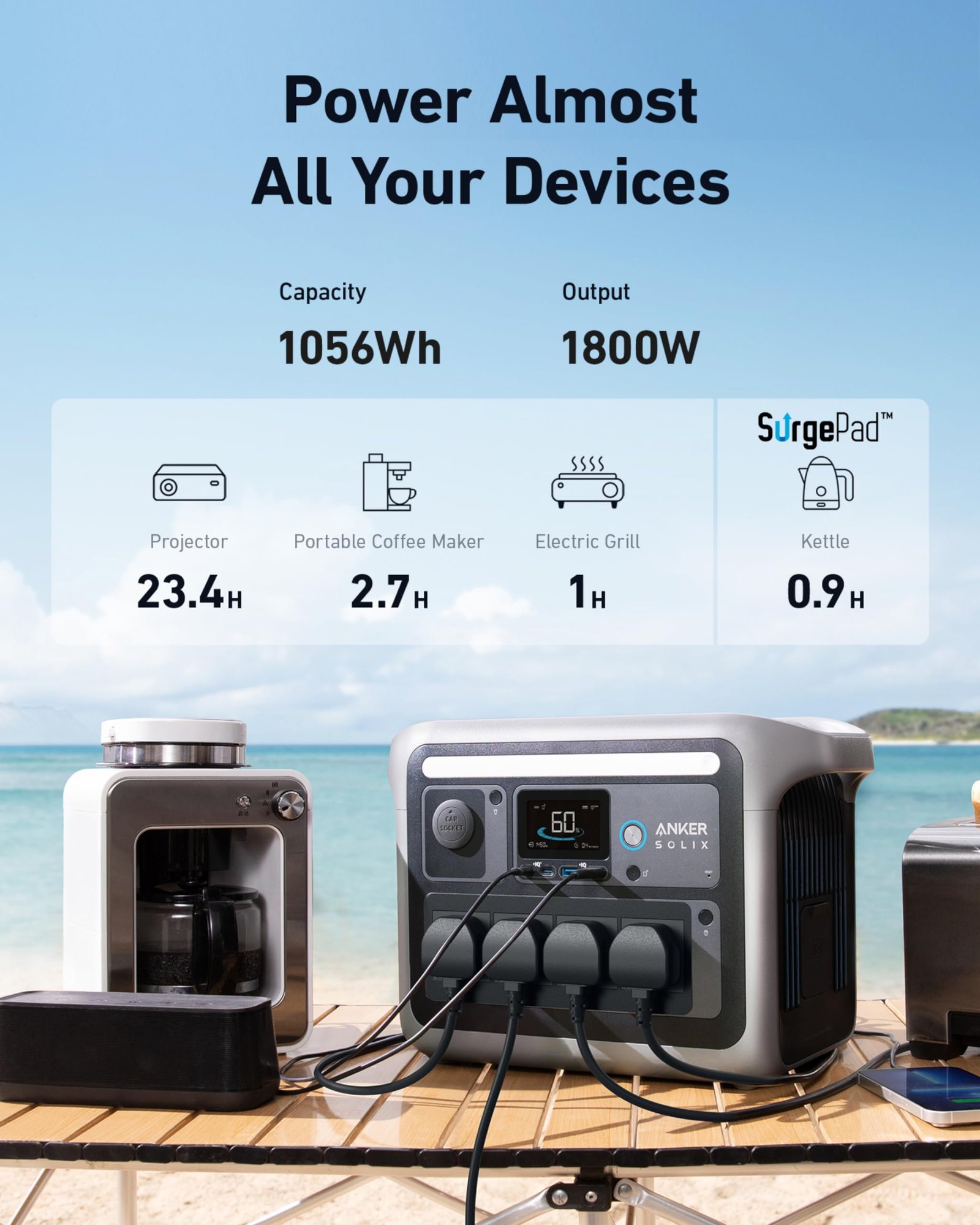 Anker SOLIX C1000 Portable Power Station with 200W Solar Panel, 1800W Solar Generator, LFP (LiFePO4) Battery, 4 AC Outlets, Up to 2400W for Home, Power Outages, and Outdoor Camping