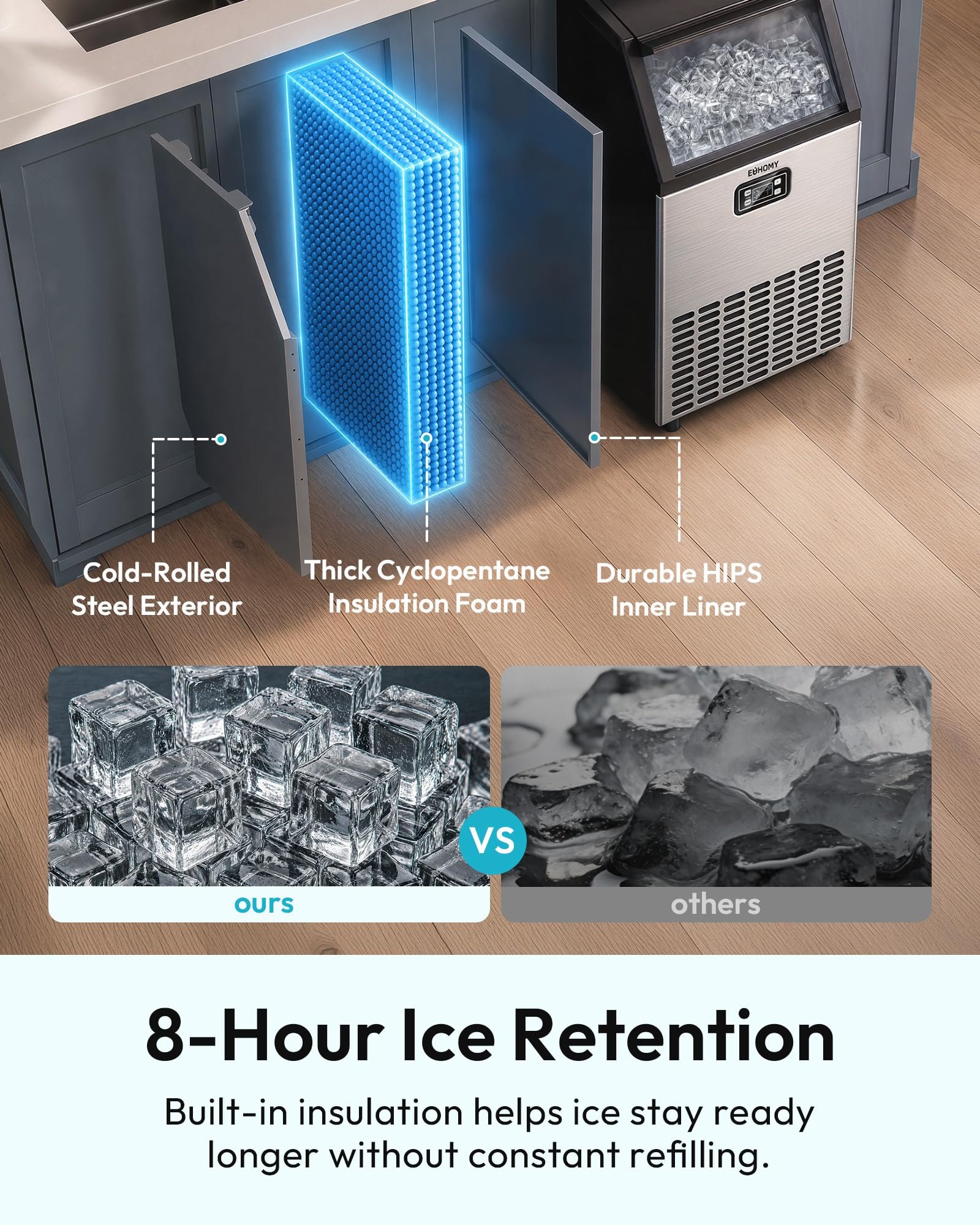 Commercial Ice Maker, 100 lbs/24H, 33 lbs Storage, Under Counter, Freestanding, Stainless Steel
