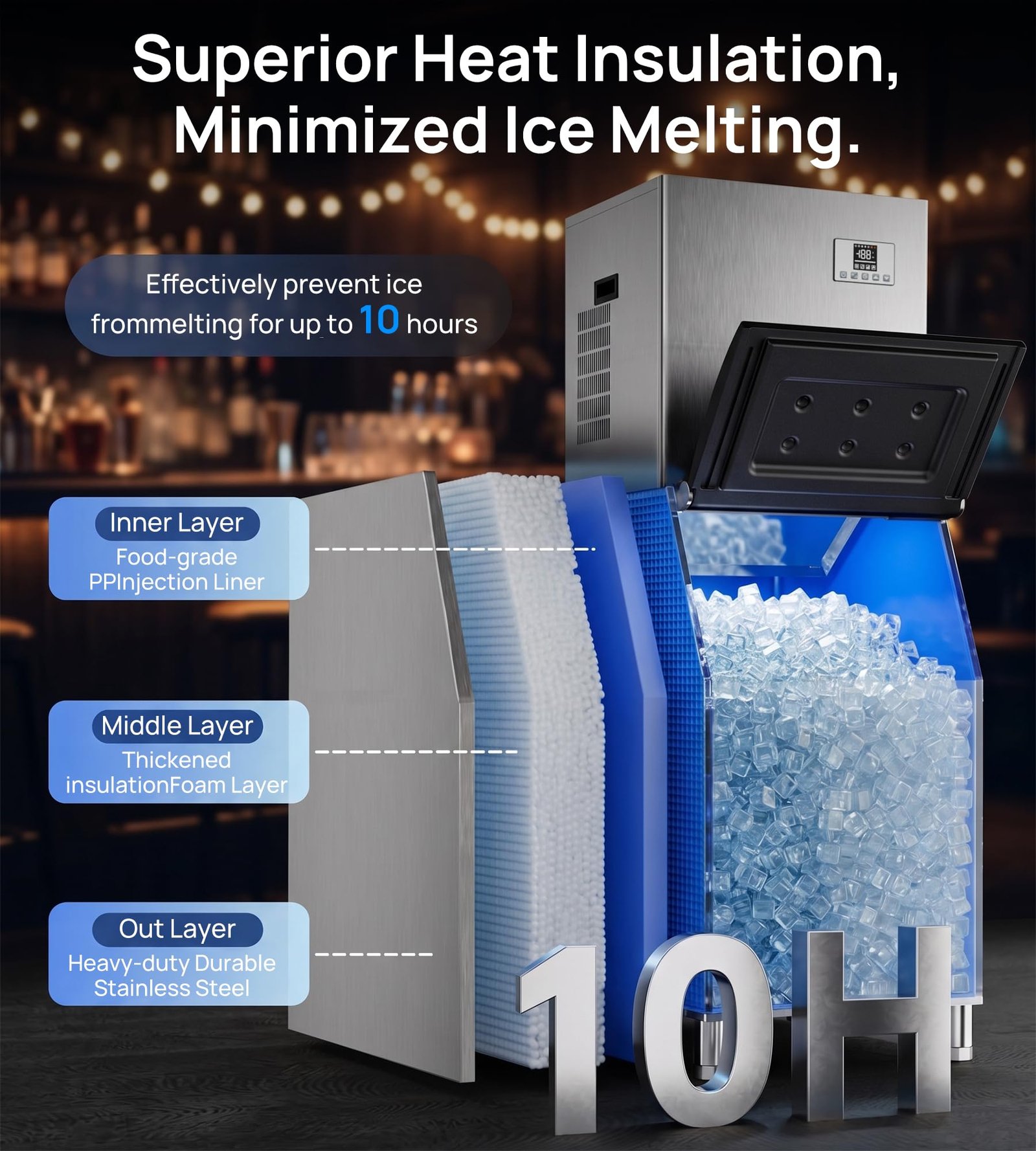 Commercial Ice Maker, 450 lbs/24H, 250 lbs Storage, Self-Cleaning, Ice Ready in 7โ15 Min, Stainless Steel