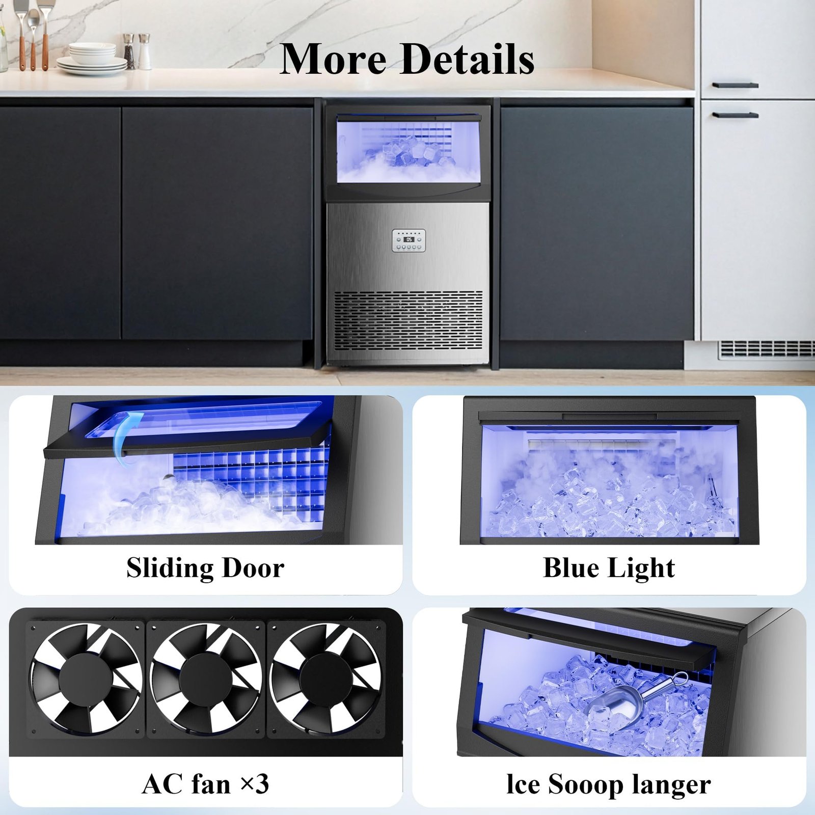 Commercial Ice Maker, 240 lbs/24H, 96 Cubes in 14 Min, 50 lbs Storage, Self-Cleaning, Water Filter, Stainless Steel