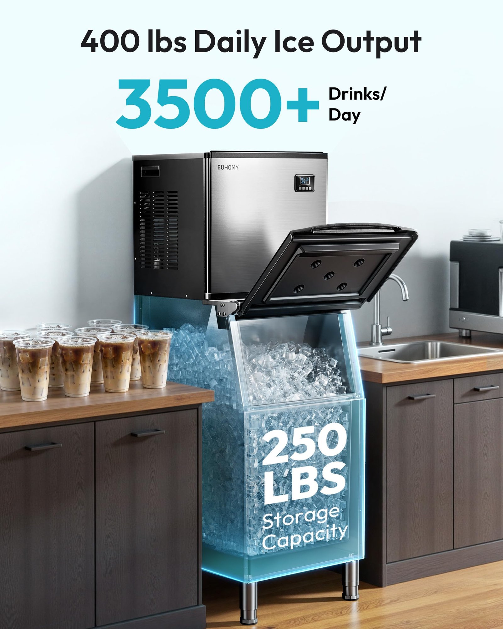 Commercial Ice Maker Machine,400lbs/24H,250lbs Bin,Stainless Steel