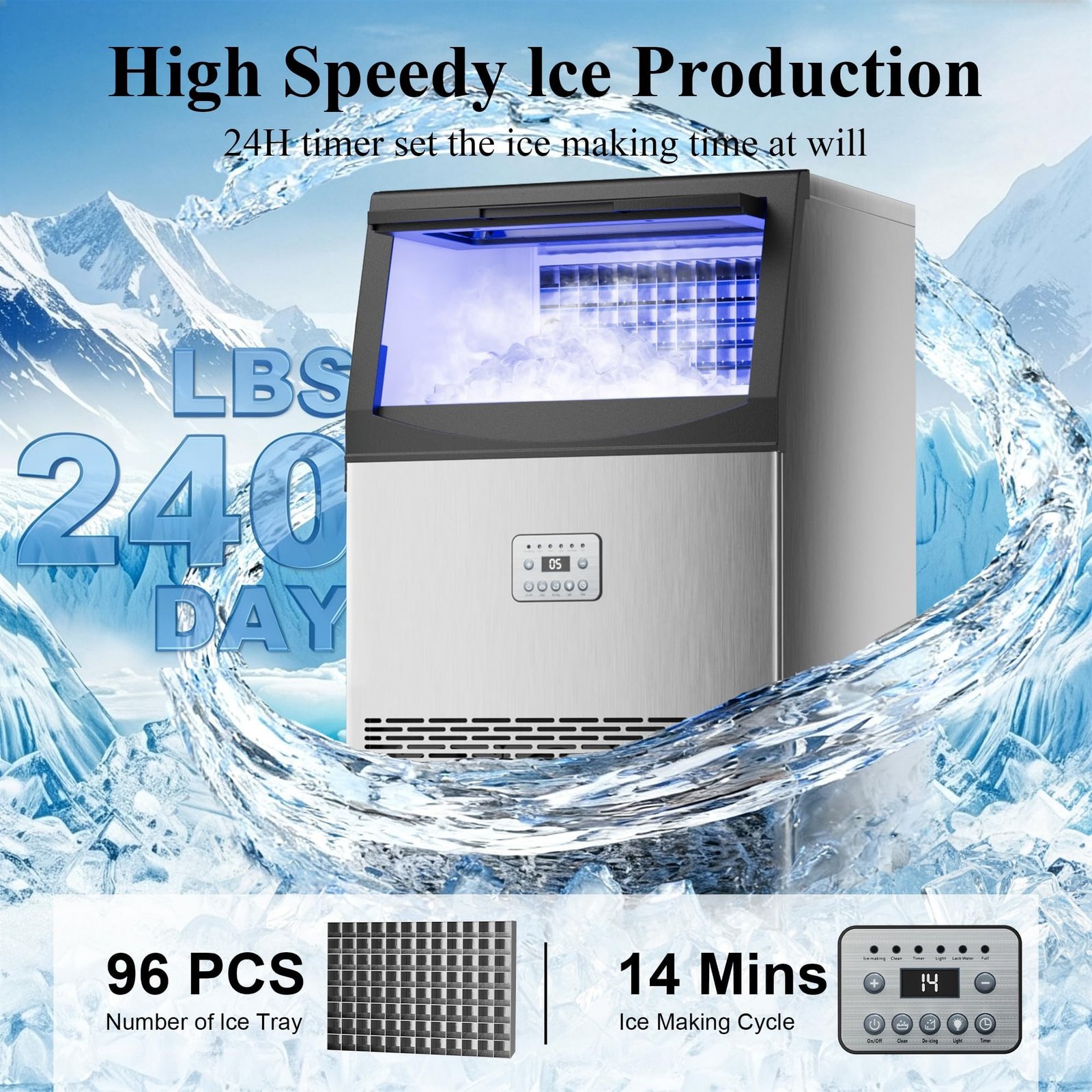 Commercial Ice Maker, 240 lbs/24H, 96 Cubes in 14 Min, 50 lbs Storage, Self-Cleaning, Water Filter, Stainless Steel
