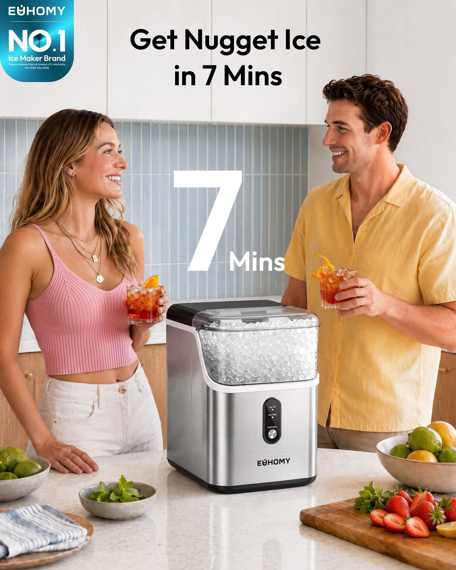 Countertop Nugget Ice Maker, 35 lbs/24H, Ready in 7 Min, Self-Cleaning, Stainless Steel