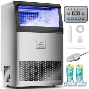 Commercial Ice Maker, 240 lbs/24H, 96 Cubes in 14 Min, 50 lbs Storage, Self-Cleaning, Water Filter, Stainless Steel