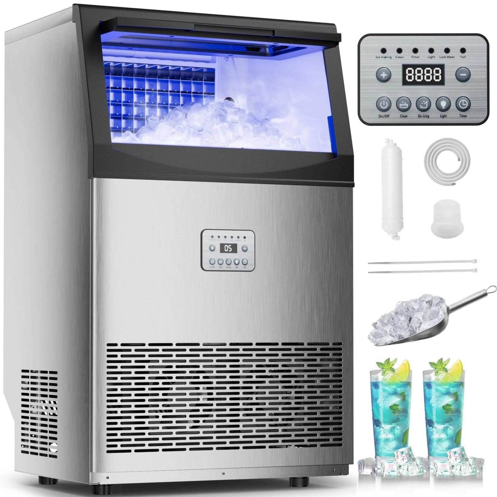 Commercial Ice Maker, 240 lbs/24H, 96 Cubes in 14 Min, 50 lbs Storage, Self-Cleaning, Water Filter, Stainless Steel