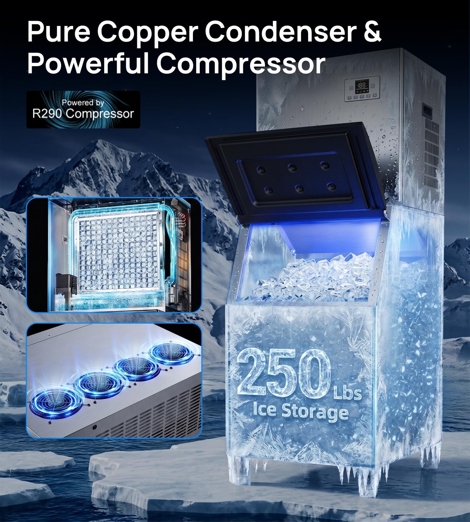 Commercial Ice Maker, 450 lbs/24H, 250 lbs Storage, Self-Cleaning, Ice Ready in 7โ15 Min, Stainless Steel