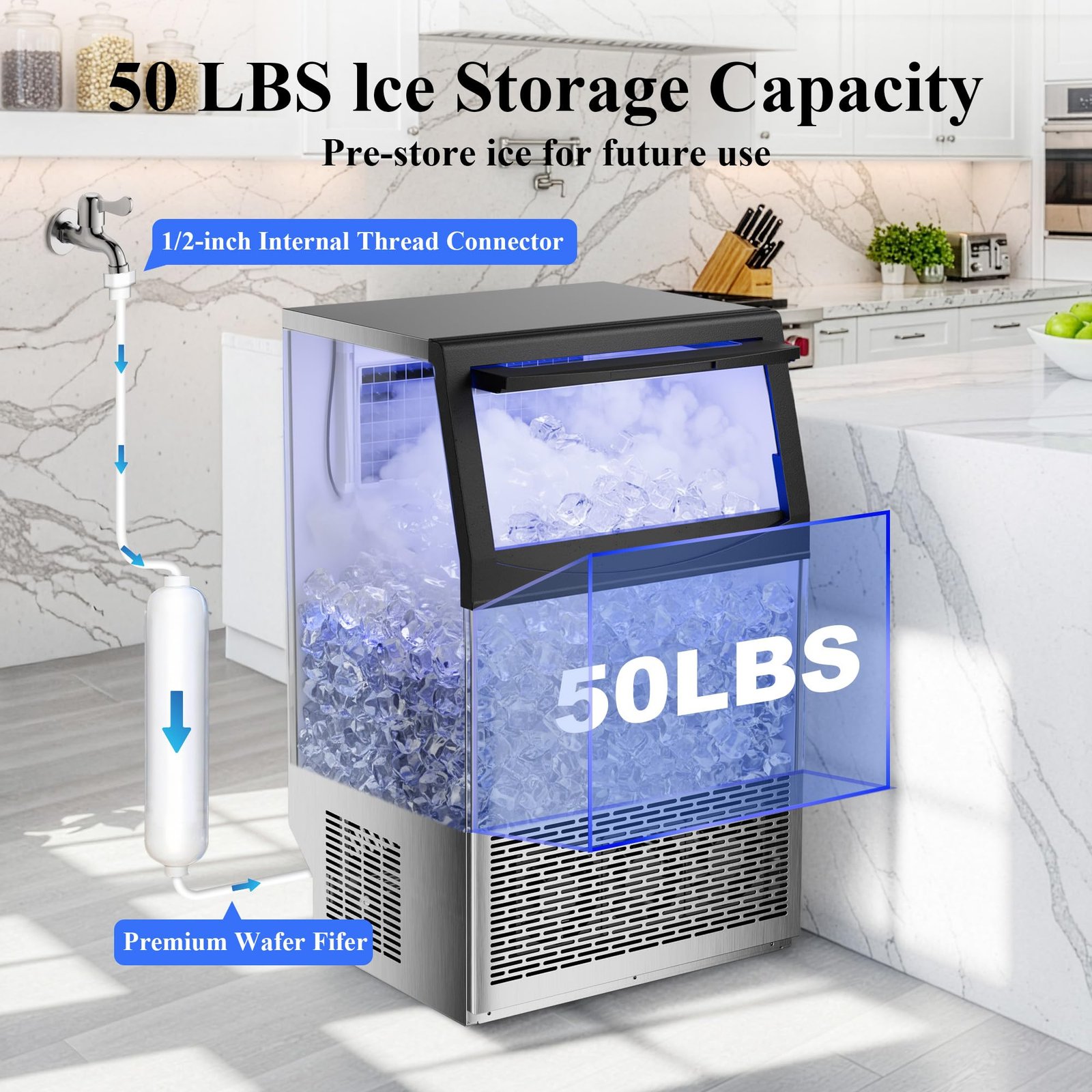 Commercial Ice Maker, 240 lbs/24H, 96 Cubes in 14 Min, 50 lbs Storage, Self-Cleaning, Water Filter, Stainless Steel