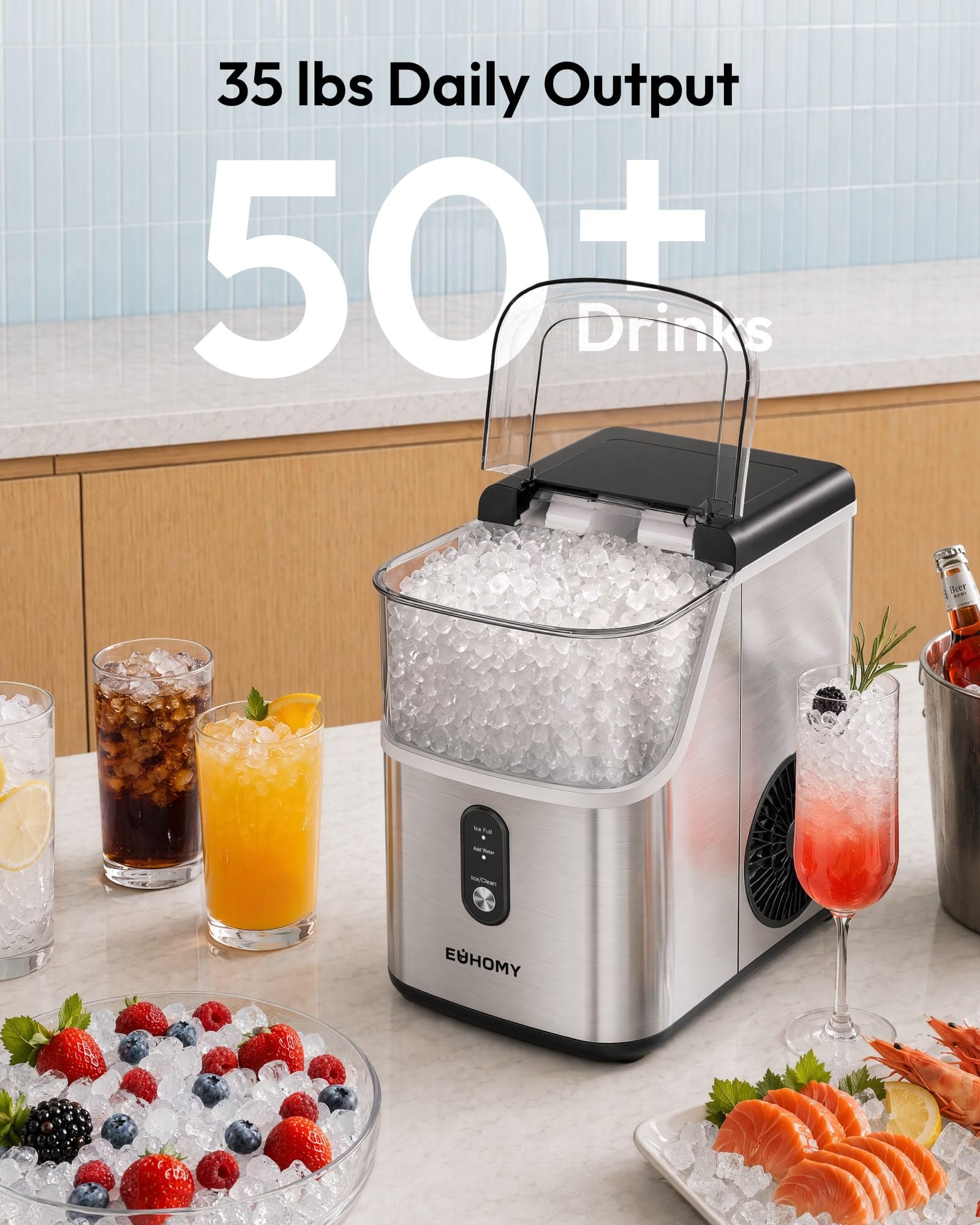 Countertop Nugget Ice Maker, 35 lbs/24H, Ready in 7 Min, Self-Cleaning, Stainless Steel