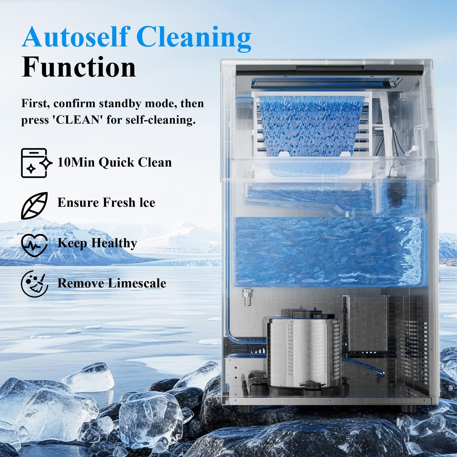 Commercial Ice Maker, 240 lbs/24H, 96 Cubes in 14 Min, 50 lbs Storage, Self-Cleaning, Water Filter, Stainless Steel