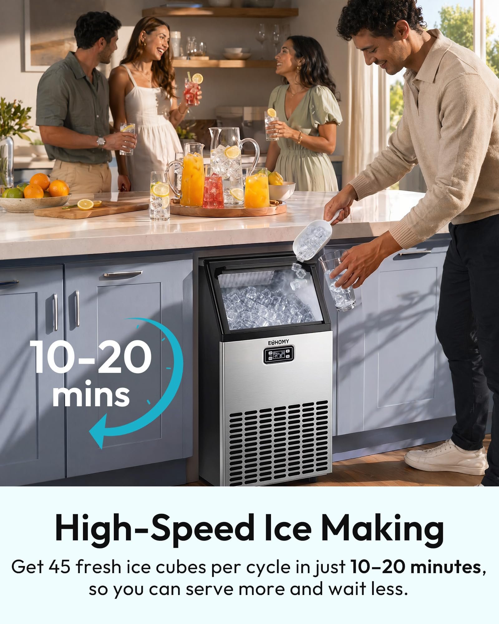 Commercial Ice Maker, 100 lbs/24H, 33 lbs Storage, Under Counter, Freestanding, Stainless Steel