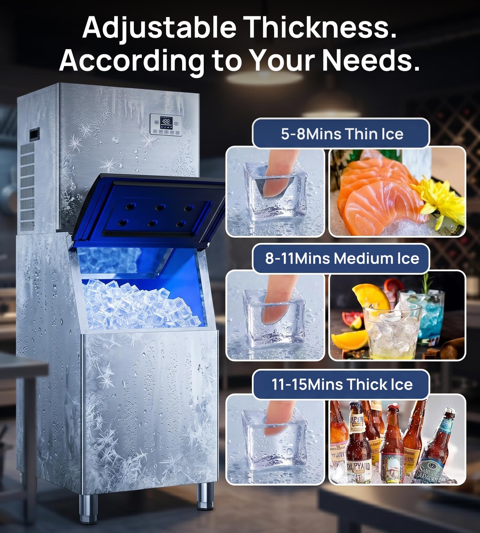 Commercial Ice Maker, 450 lbs/24H, 250 lbs Storage, Self-Cleaning, Ice Ready in 7โ15 Min, Stainless Steel