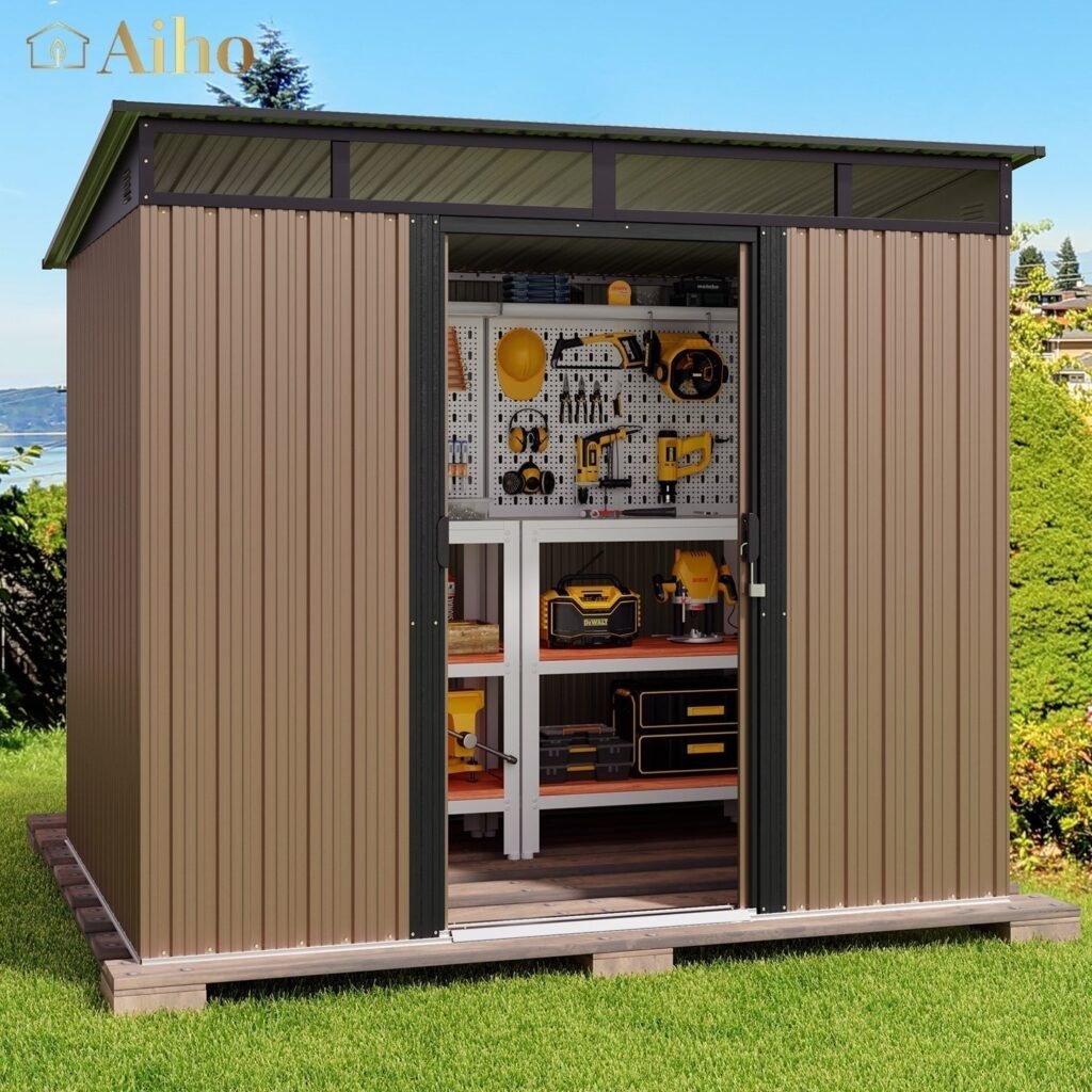 Aiho 8 x 6 FT Outdoor Storage Shed with Sliding Double Doors for Garden, Patio - Brown