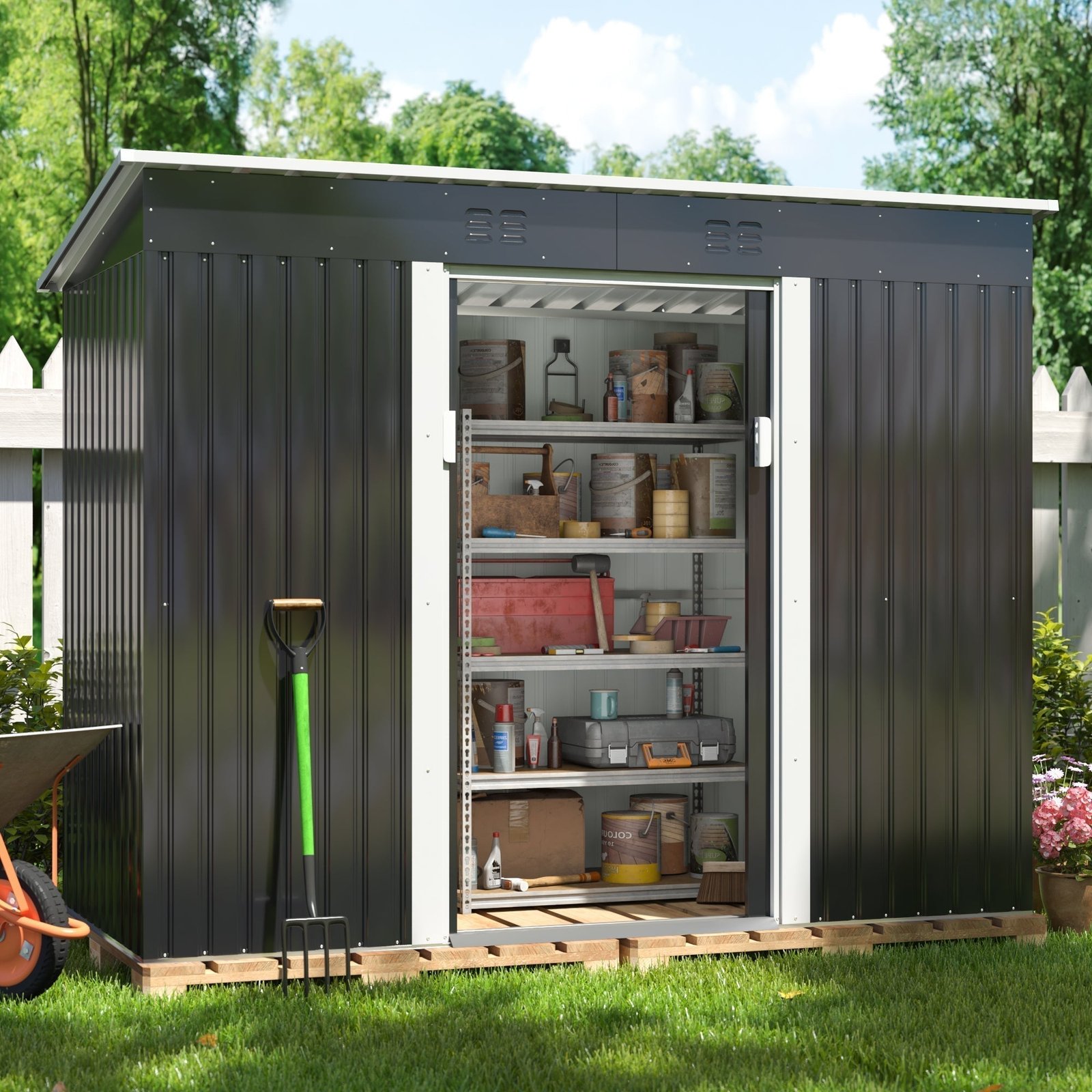 HOGYME 4.2' x 9.1' Outdoor Metal Storage Shed, Garden Tool House with 2 Vents, 2 Sliding Doors for Backyard Patio Lawn, Gray