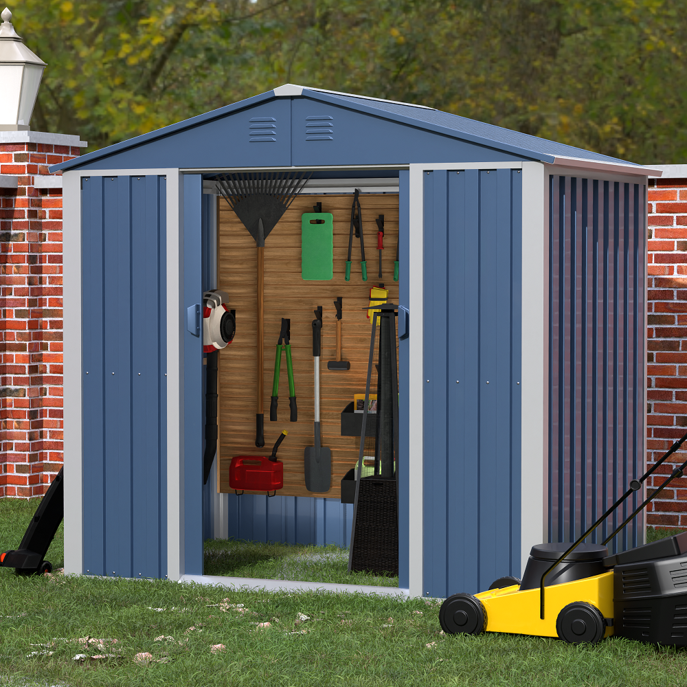 JAORD Metal Outdoor Storage Shed, Steel Utility Tool Shed Storage House with Sliding Door, Metal Sheds Outdoor Storage for Backyard Garden Patio Lawn (H6'xW6'x D4') Blue&White