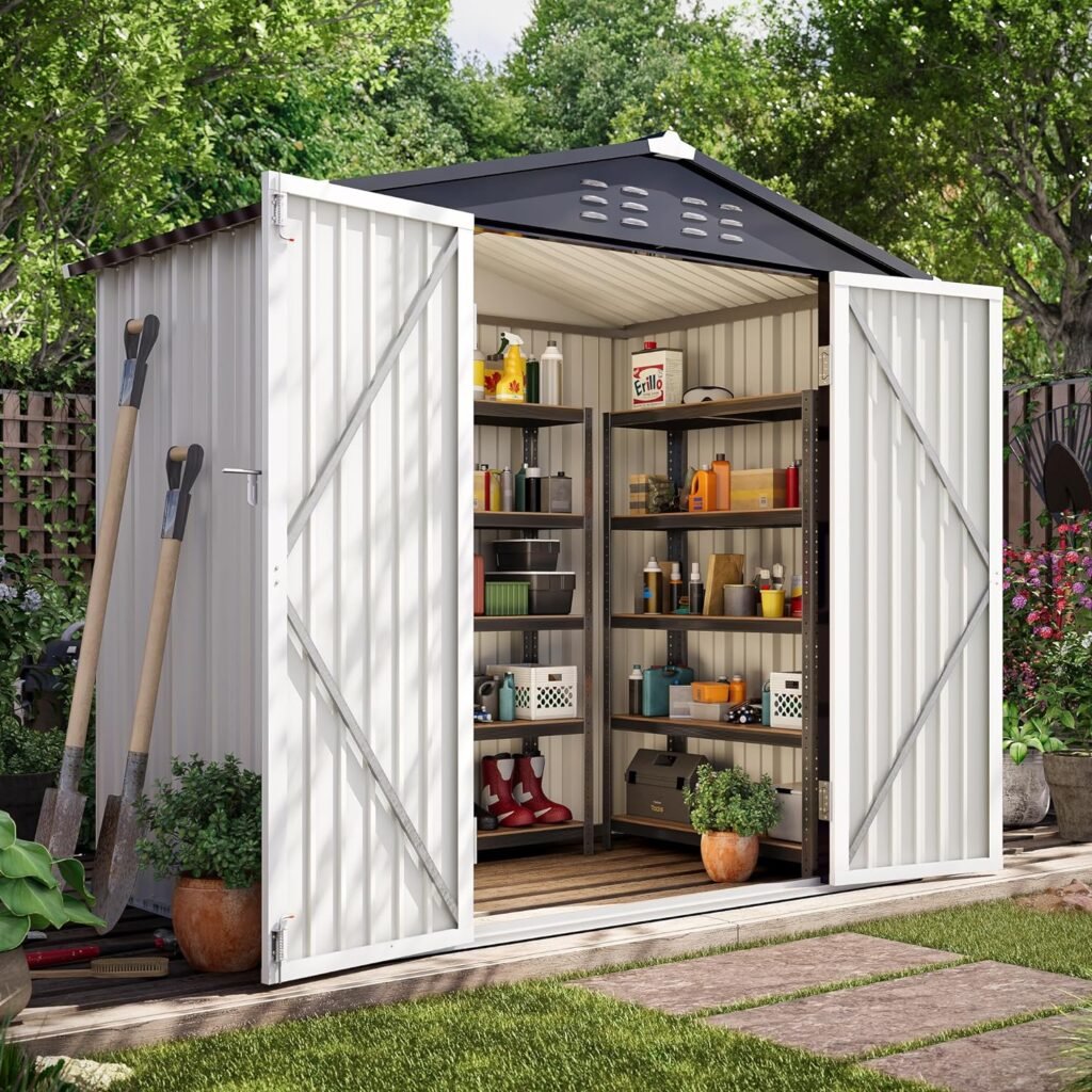 LAUSAINT HOME 4' x 6' Outdoor Storage Shed, Metal Shed Garden Tool Storage & Bicycle Storage with Lockable Door, White