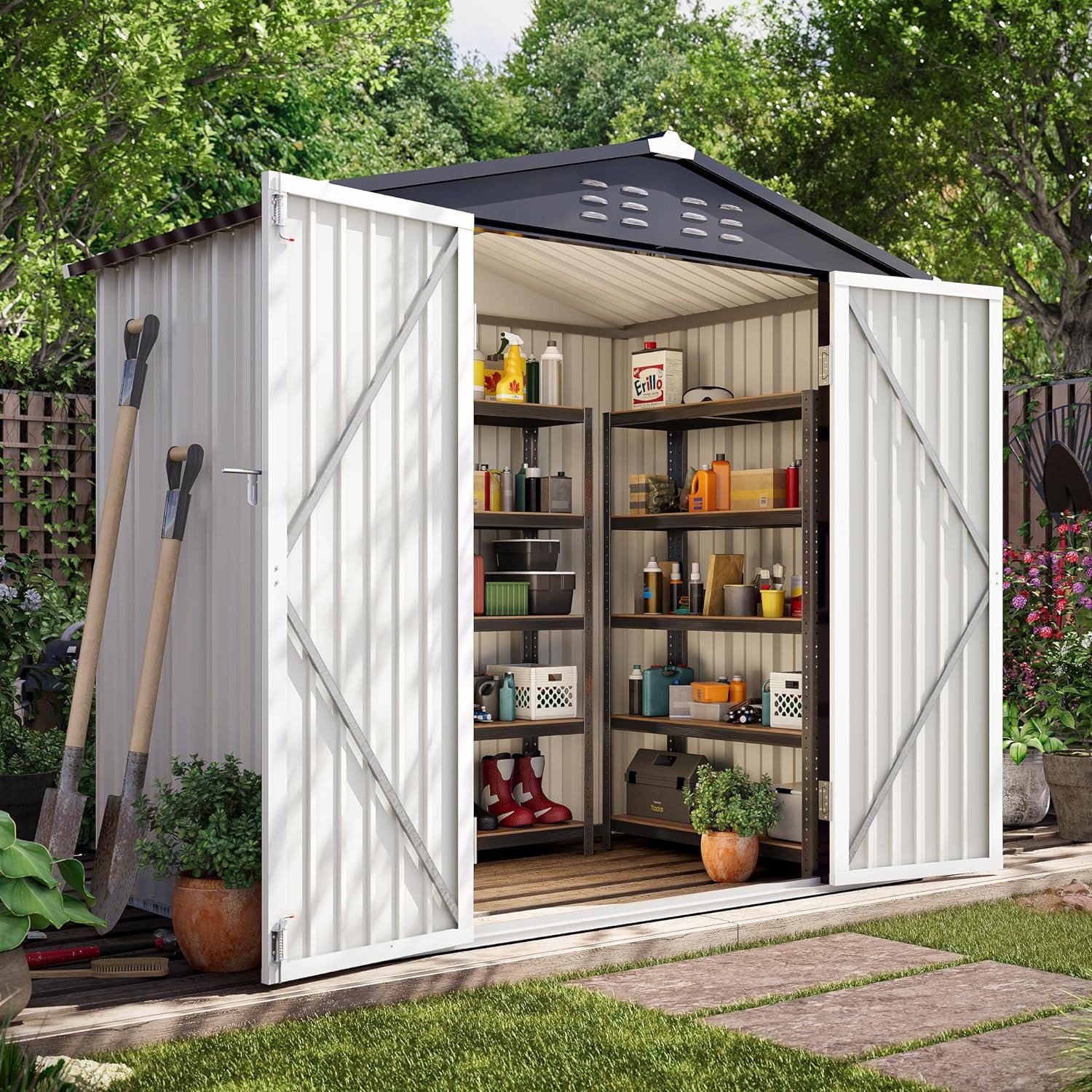 LAUSAINT HOME 4' x 6' Outdoor Storage Shed, Metal Shed Garden Tool Storage & Bicycle Storage with Lockable Door, White